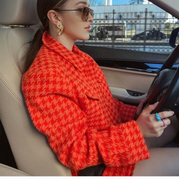 ZARA Hot Burnt Sienna Orange Spring Colour Chanel Vouge  Houndstooth Tweed NWT - Picture 6 of 15